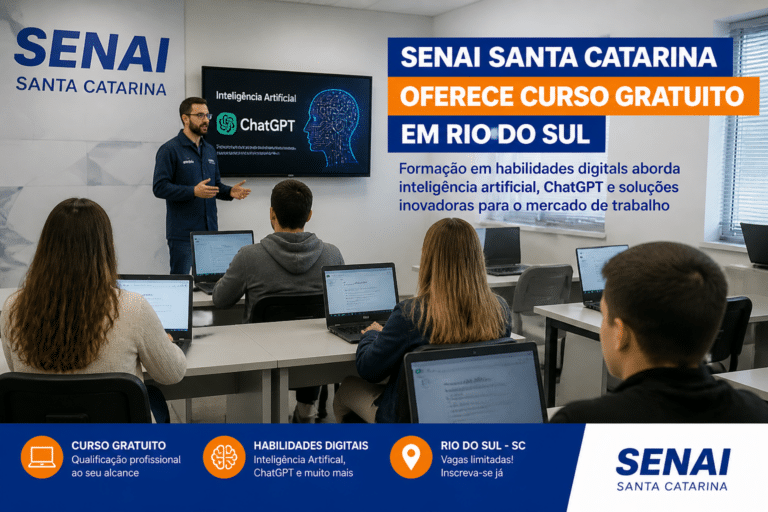 Imagem editorial sobre SENAI SC abre 30 vagas gratuitas em Rio do Sul para curso de Inteligência Artificial e ChatGPT; inscrições vão de 17 de junho a 20