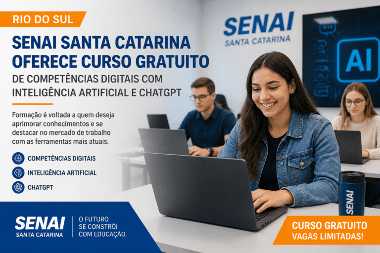 Imagem editorial sobre SENAI SC abre 30 vagas gratuitas em Rio do Sul para curso de Inteligência Artificial e ChatGPT; inscrições seguem até 29 de junho