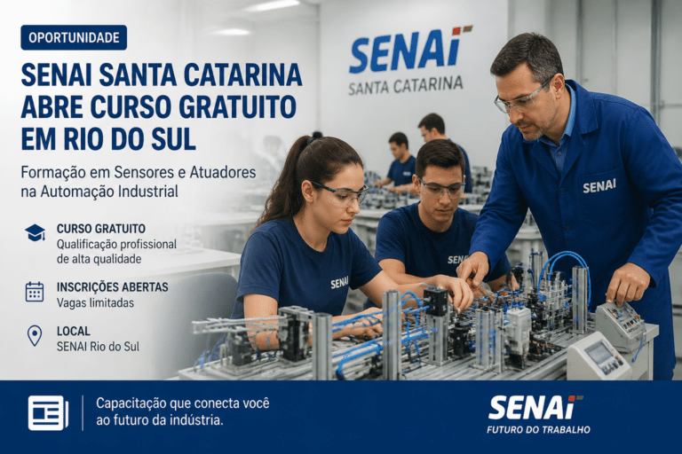 Imagem editorial sobre SENAI SC abre 30 vagas gratuitas em Rio do Sul para curso de Sensores e Atuadores na Automação Industrial; inscrições seguem até 22