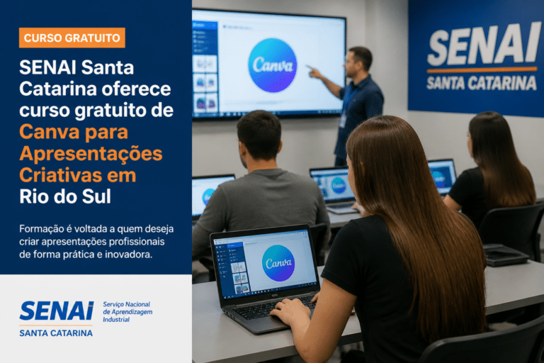 Imagem editorial sobre SENAI SC abre 30 vagas gratuitas em Rio do Sul para o curso Canva para Apresentações Criativas; inscrições vão de 17 de junho a 21
