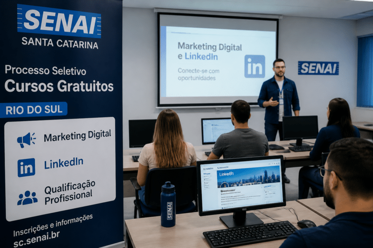 Imagem editorial sobre SENAI SC abre 30 vagas gratuitas em Rio do Sul para o curso LinkedIn e Presença Digital; inscrições começam em 17 de junho e