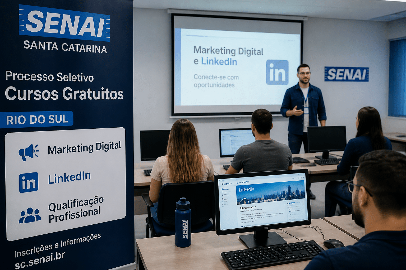 Imagem editorial sobre SENAI SC abre 30 vagas gratuitas em Rio do Sul para o curso LinkedIn e Presença Digital; inscrições começam em 17 de junho e