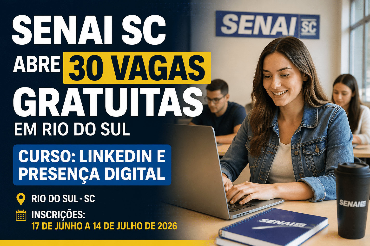 Imagem editorial sobre SENAI SC abre 30 vagas gratuitas em Rio do Sul para o curso LinkedIn e Presença Digital; inscrições vão de 17 de junho a 14 de