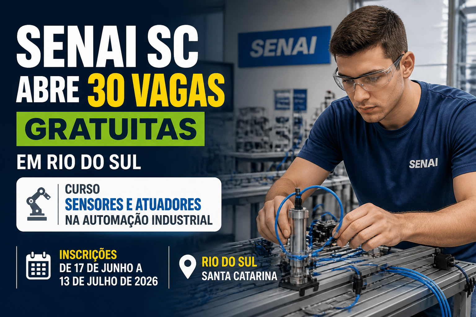 Imagem editorial sobre SENAI SC abre 30 vagas gratuitas em Rio do Sul para o curso Sensores e Atuadores na Automação Industrial; inscrições vão de 17 de