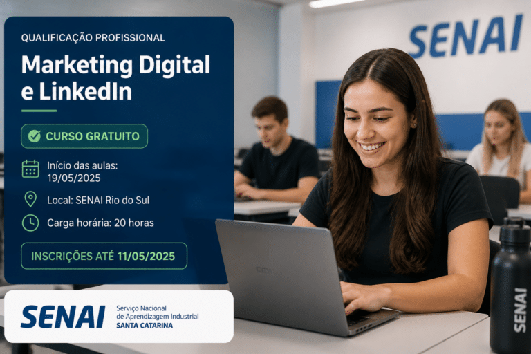 Imagem editorial sobre SENAI SC abre 35 vagas gratuitas em Rio do Sul para o curso LinkedIn e Presença Digital; inscrições vão de 17 de junho a 20 de