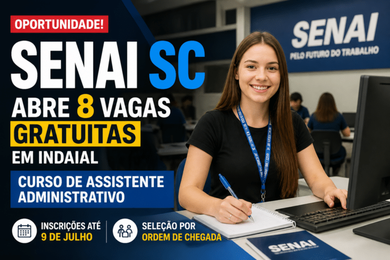 Imagem editorial sobre SENAI SC abre 8 vagas gratuitas em Indaial para o curso de Assistente Administrativo; inscrições vão até 9 de julho e seleção será
