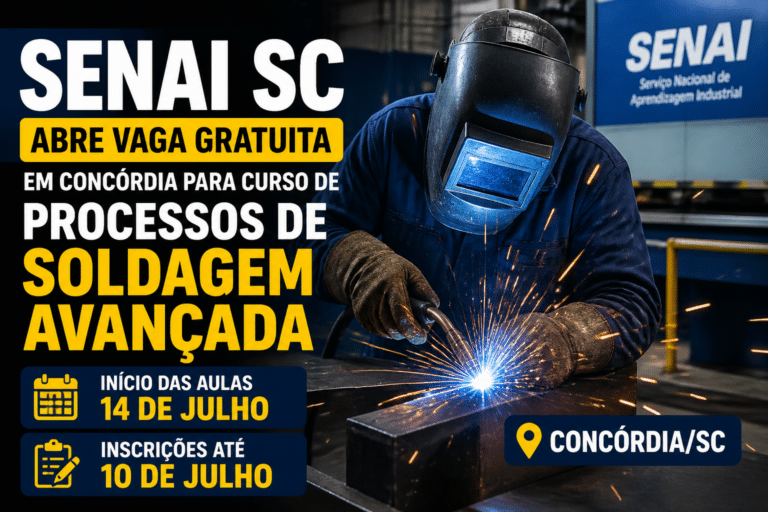 Imagem editorial sobre SENAI SC abre vaga gratuita em Concórdia para curso de Processos de Soldagem Avançada com início em 14 de julho; inscrições vão até
