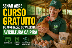 Imagem editorial sobre Senar abre curso gratuito de agregação de valor na avicultura caipira com 5 horas, certificação e matrícula online pelo WhatsApp em