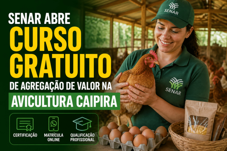 Imagem editorial sobre Senar abre curso gratuito de agregação de valor na avicultura caipira com 5 horas, certificação e matrícula online pelo WhatsApp em