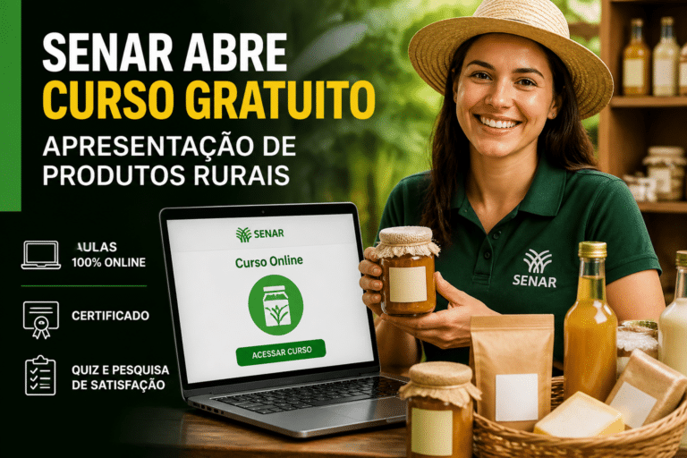 Imagem editorial sobre Senar abre matrícula gratuita para o curso Apresentação de Produtos Rurais, com 3 horas de carga horária, aulas 100% online e