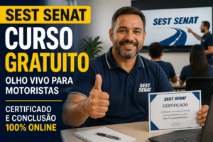 Imagem editorial sobre SEST SENAT abre curso gratuito Olho Vivo para motoristas com 8 horas de carga horária, certificado e conclusão em até 10 dias em