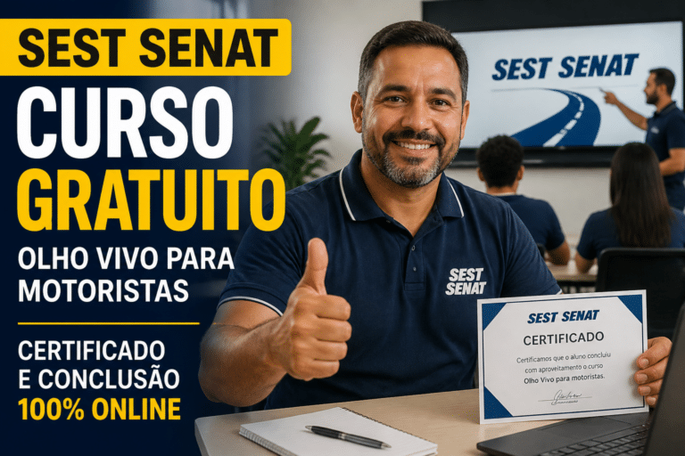 Imagem editorial sobre SEST SENAT abre curso gratuito Olho Vivo para motoristas com 8 horas de carga horária, certificado e conclusão em até 10 dias em