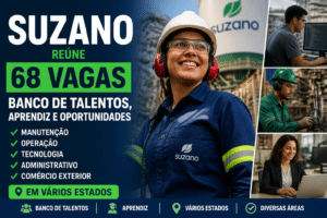 Imagem editorial sobre Suzano reúne 68 vagas, banco de talentos, aprendiz e oportunidades em manutenção, operação, tecnologia, administrativo e comércio