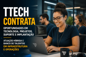 Imagem editorial sobre Ttech abre 8 vagas em tecnologia, projetos, suporte e implantação, com oportunidades híbridas, uma posição em São Paulo e banco de