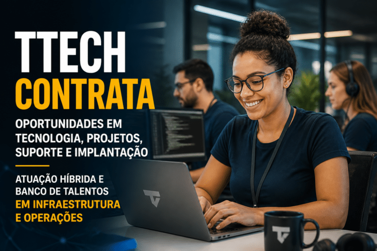 Imagem editorial sobre Ttech abre 8 vagas em tecnologia, projetos, suporte e implantação, com oportunidades híbridas, uma posição em São Paulo e banco de
