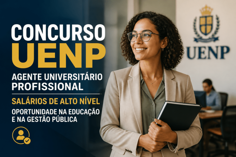 Imagem editorial sobre UENP abre concurso público com 51 vagas para Agente Universitário Profissional, salários de R$ 7,6 mil e provas em outubro;