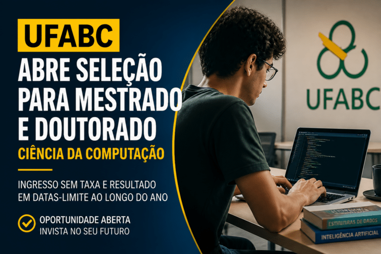 Imagem editorial sobre UFABC abre seleção em fluxo contínuo para mestrado e doutorado em Ciência da Computação com até 100 vagas, ingresso sem taxa e