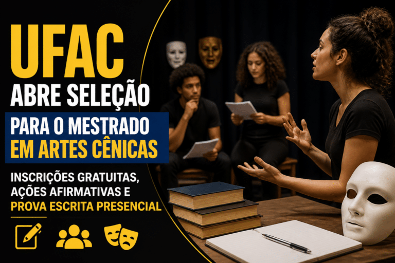Imagem editorial sobre UFAC abre seleção com até 16 vagas para o Mestrado em Artes Cênicas em 2026, com inscrições gratuitas, ações afirmativas e prova