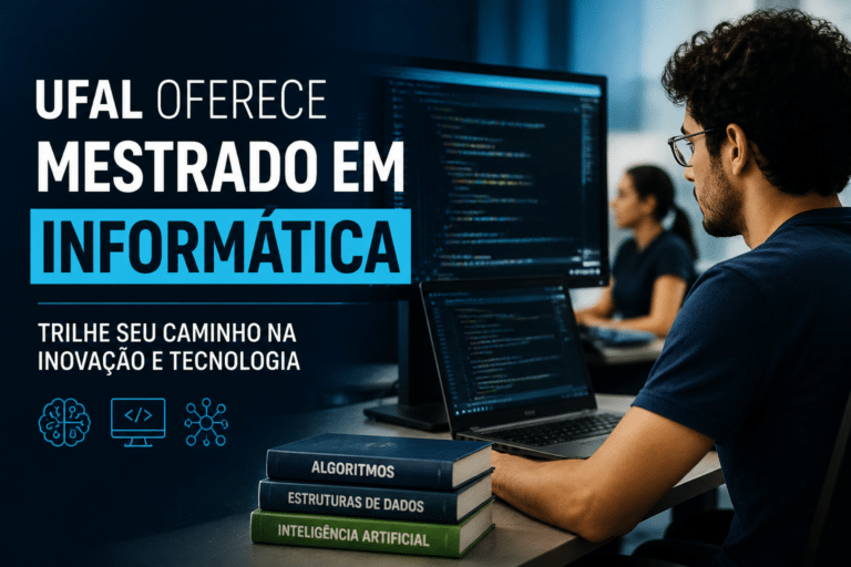 Imagem editorial sobre UFAL abre 38 vagas no mestrado em Informática do PPGI para 2026.2, com inscrições até 11 de julho e seleção em duas etapas em