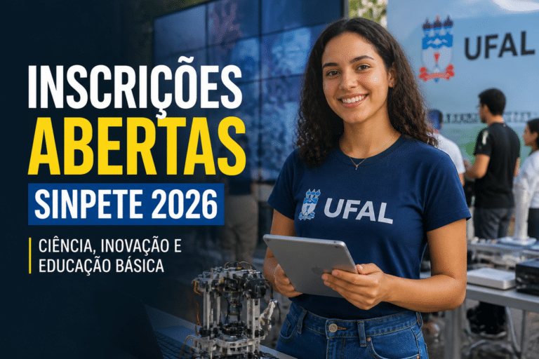 Imagem editorial sobre UFAL abre chamada para projetos, mostras e experiências interativas na SINPETE 2026; inscrições seguem até 31 de julho e seleção