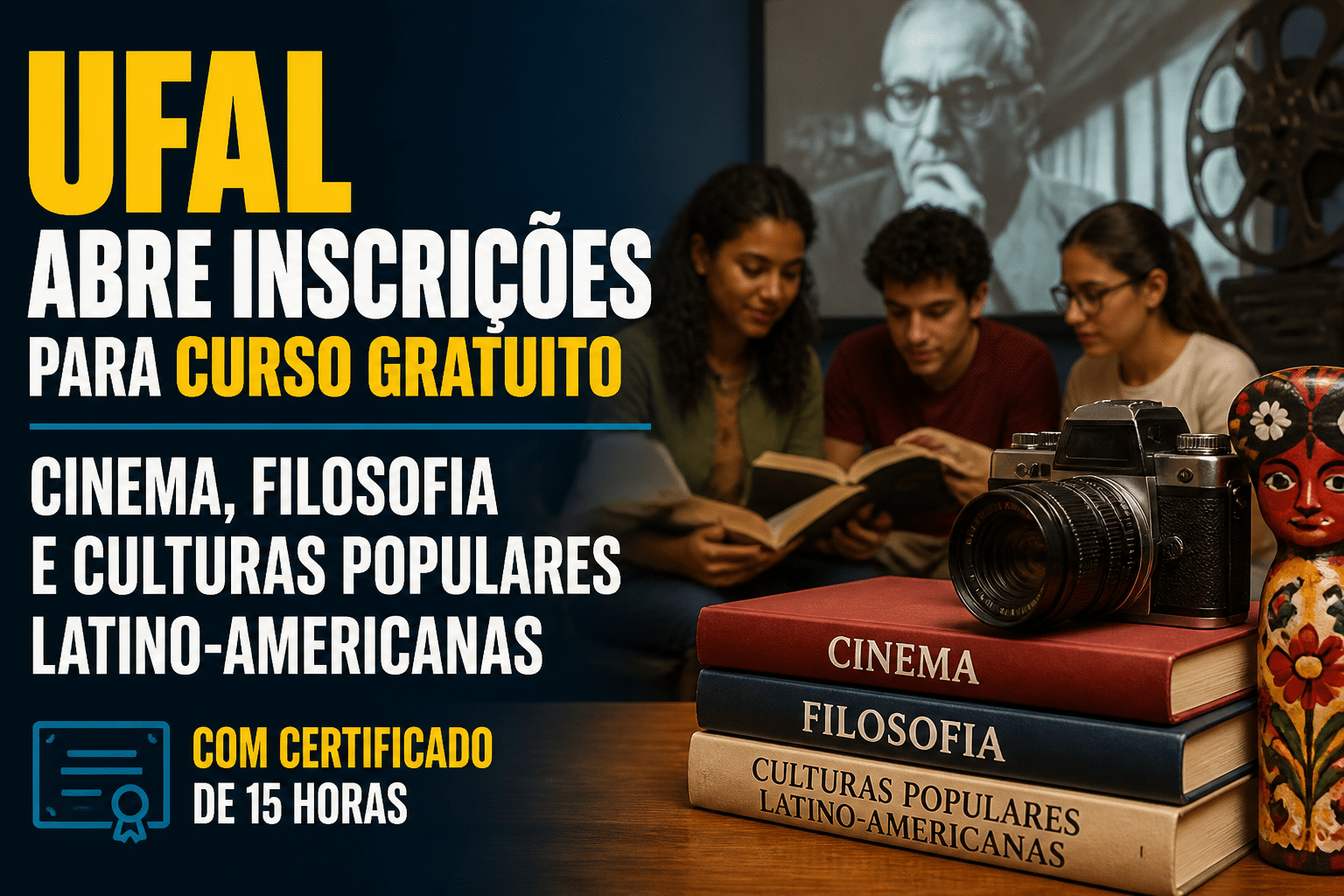 Imagem editorial sobre UFAL abre inscrições para curso gratuito sobre cinema, filosofia e culturas populares latino-americanas com certificado de 15 horas