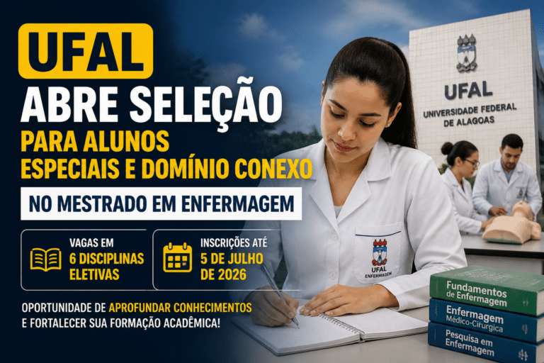 Imagem editorial sobre UFAL abre seleção para alunos especiais e domínio conexo no mestrado em Enfermagem com vagas em seis disciplinas eletivas e