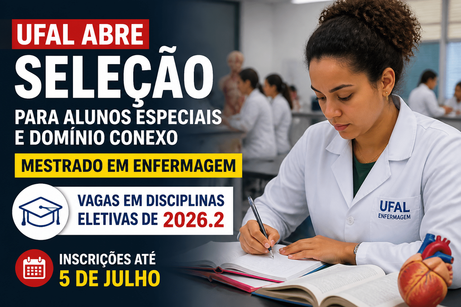 Imagem editorial sobre UFAL abre seleção para alunos especiais e domínio conexo no mestrado em Enfermagem com vagas em disciplinas eletivas de 2026.2;