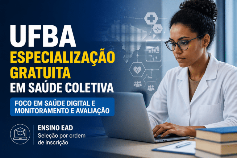 Imagem editorial sobre UFBA abre 900 vagas em cursos gratuitos de especialização em Saúde Coletiva com foco em Saúde Digital e Monitoramento e Avaliação