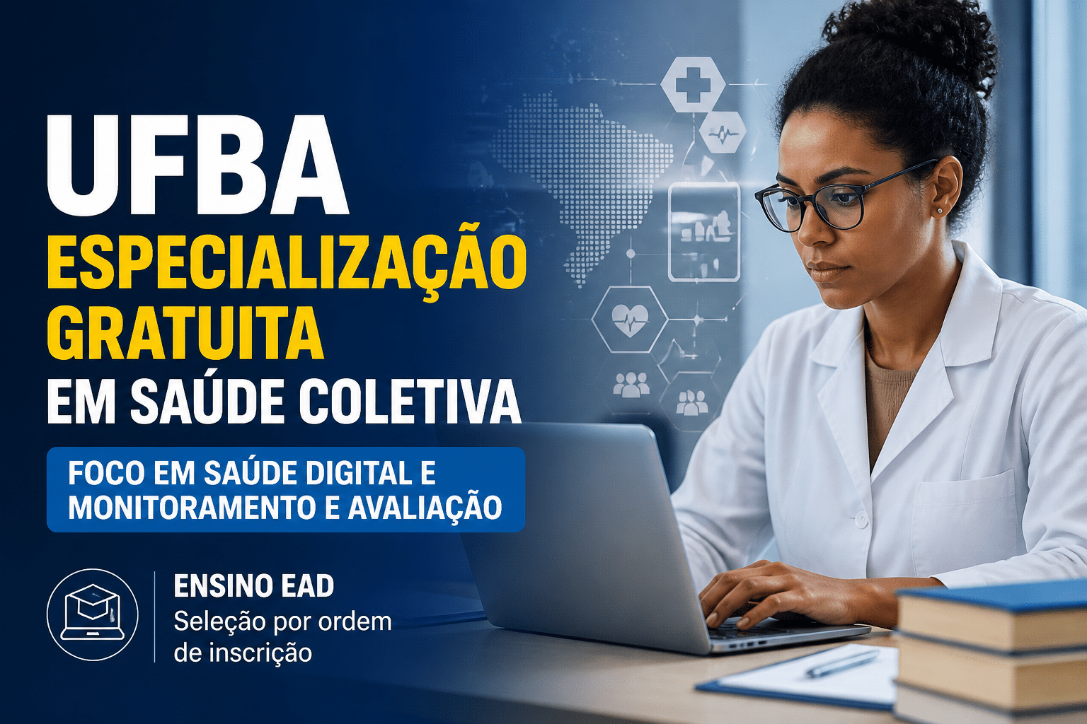 Imagem editorial sobre UFBA abre 900 vagas em cursos gratuitos de especialização em Saúde Coletiva com foco em Saúde Digital e Monitoramento e Avaliação