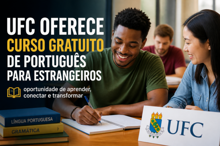 Imagem editorial sobre UFC abre 30 vagas gratuitas para o Curso de Português para Estrangeiros em 2026.2; inscrições vão até 8 de julho e seleção segue
