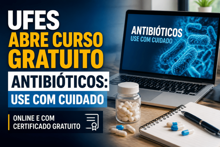 Imagem editorial sobre UFES abre curso gratuito “Antibióticos: use com cuidado” com 15 horas, formato online e certificado sem custo para quem concluir