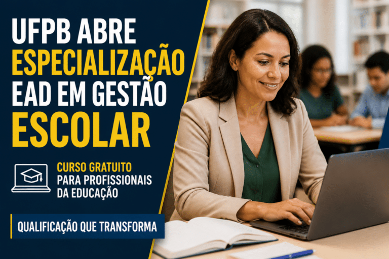 Imagem editorial sobre UFPB abre seleção para especialização EAD em Gestão Escolar com até 300 vagas, inscrição gratuita e prioridade para profissionais