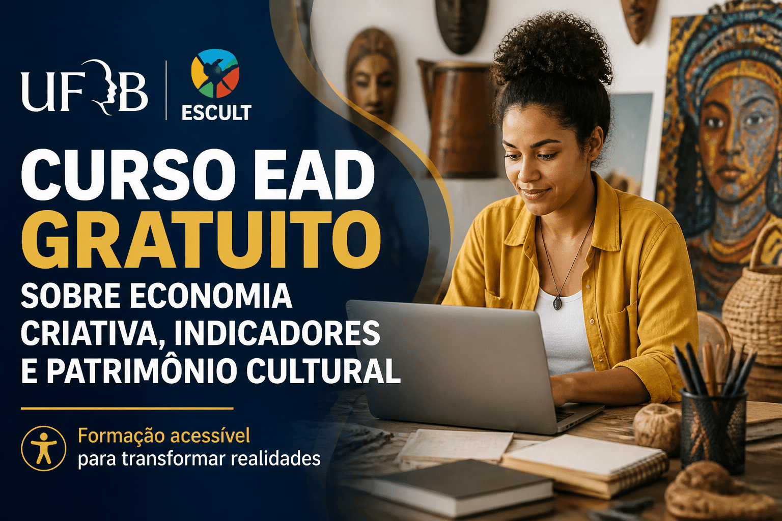 Imagem editorial sobre UFRB e Escult abrem inscrições para curso gratuito em EaD sobre economia criativa, indicadores e patrimônio cultural, com 160 horas