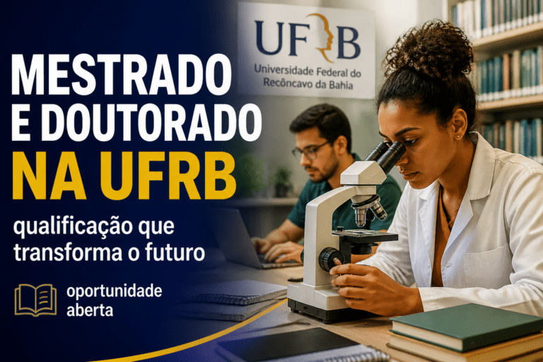 Imagem editorial sobre UFRB oferta 124 vagas em mestrados e doutorados com ingresso em 2026.2; inscrições on-line reúnem programas acadêmicos e