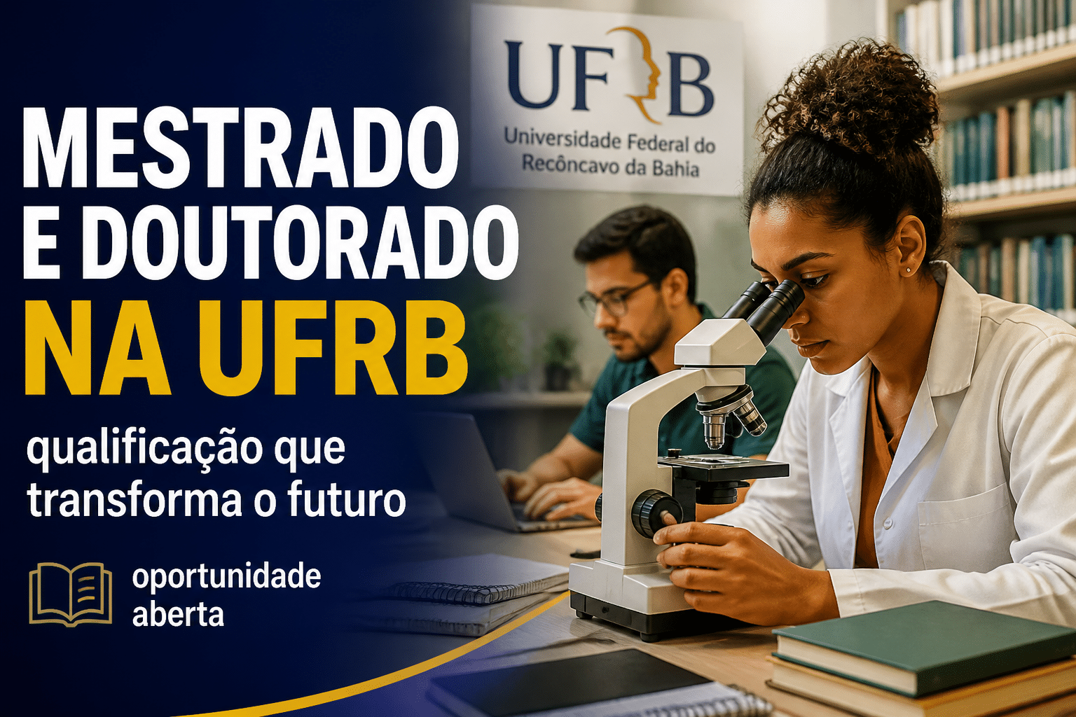 Imagem editorial sobre UFRB oferta 124 vagas em mestrados e doutorados com ingresso em 2026.2; inscrições on-line reúnem programas acadêmicos e