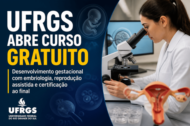 Imagem editorial sobre UFRGS abre curso gratuito sobre desenvolvimento gestacional com módulos de embriologia, reprodução assistida e certificação ao