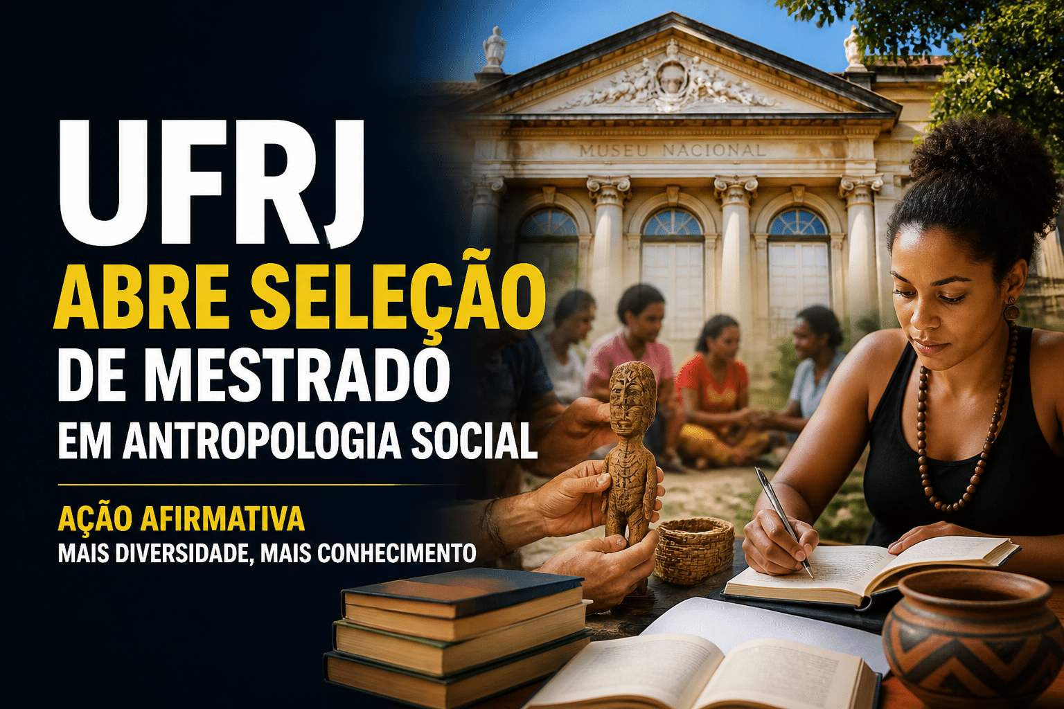 Imagem editorial sobre UFRJ abre seleção de mestrado em Antropologia Social com 8 vagas no Museu Nacional, ação afirmativa e inscrições de 22 de junho a
