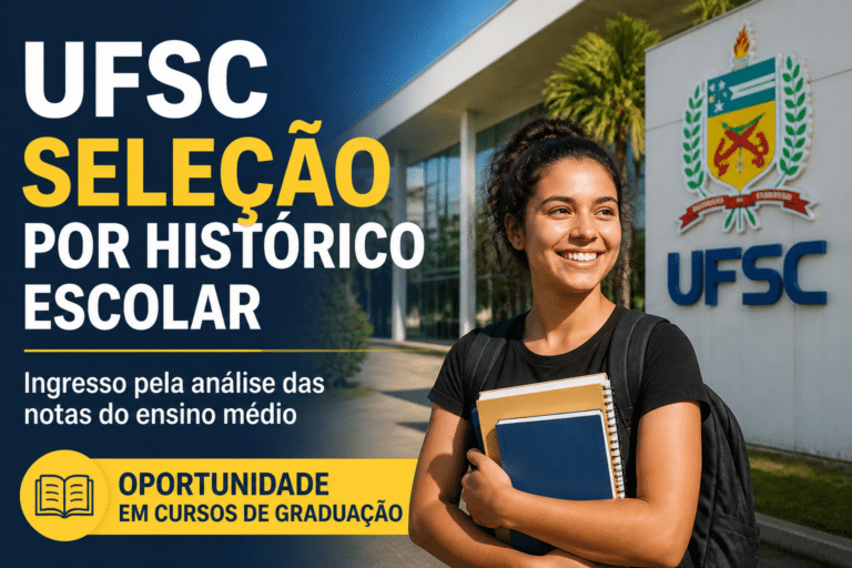 Imagem editorial sobre UFSC abre processo seletivo por histórico escolar para vagas remanescentes em cursos de graduação no segundo semestre de 2026, com