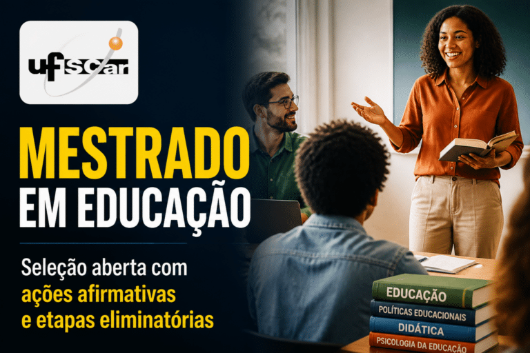 Imagem editorial sobre UFSCar abre seleção para mestrado em Educação com início em março de 2027 e 74 vagas distribuídas em oito linhas de pesquisa, com