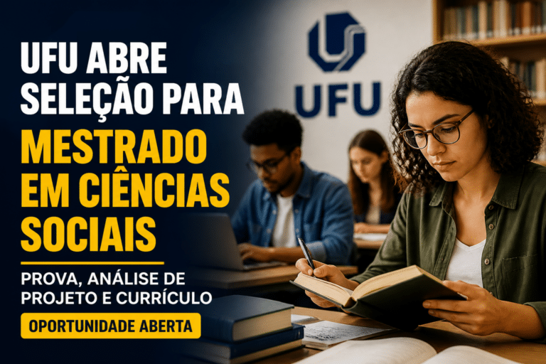 Imagem editorial sobre UFU abre seleção para mestrado acadêmico em Ciências Sociais com 32 vagas, prova escrita, análise de projeto e currículo para