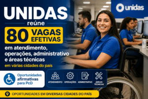 Imagem editorial sobre Unidas reúne 80 vagas efetivas em atendimento, operações, administrativo e áreas técnicas em várias cidades do país, com