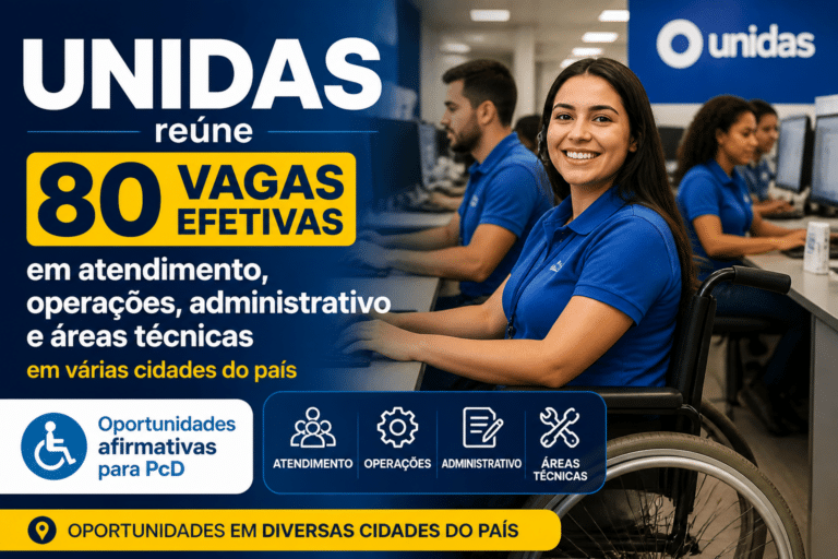 Imagem editorial sobre Unidas reúne 80 vagas efetivas em atendimento, operações, administrativo e áreas técnicas em várias cidades do país, com