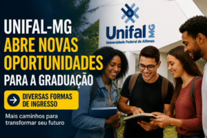 Imagem editorial sobre UNIFAL-MG abre 2.349 vagas ociosas em graduação para o segundo semestre de 2026, com rematrícula, reingresso, transferência