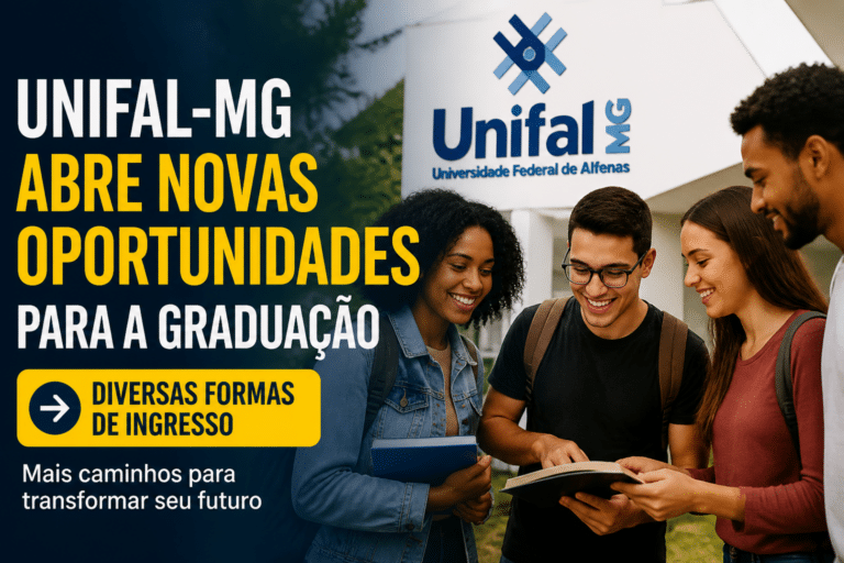 Imagem editorial sobre UNIFAL-MG abre 2.349 vagas ociosas em graduação para o segundo semestre de 2026, com rematrícula, reingresso, transferência