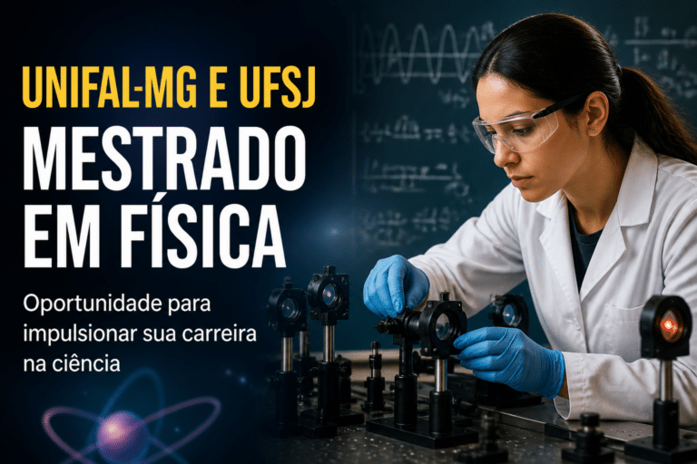 Imagem editorial sobre UNIFAL-MG e UFSJ abrem seleção para mestrado em Física com 16 vagas, bolsas e inscrição até 10 de julho de 2026 em Universidade