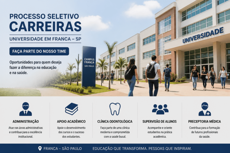 Imagem editorial sobre Unifran abre vagas efetivas em Franca para assistente administrativo, operações, auxiliar de saúde bucal, inspetor de alunos e