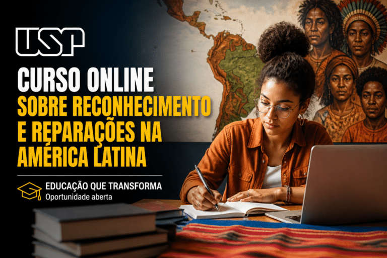 Imagem editorial sobre USP abre 100 vagas gratuitas para curso a distância sobre reconhecimento e reparações na América Latina, com inscrições on-line até
