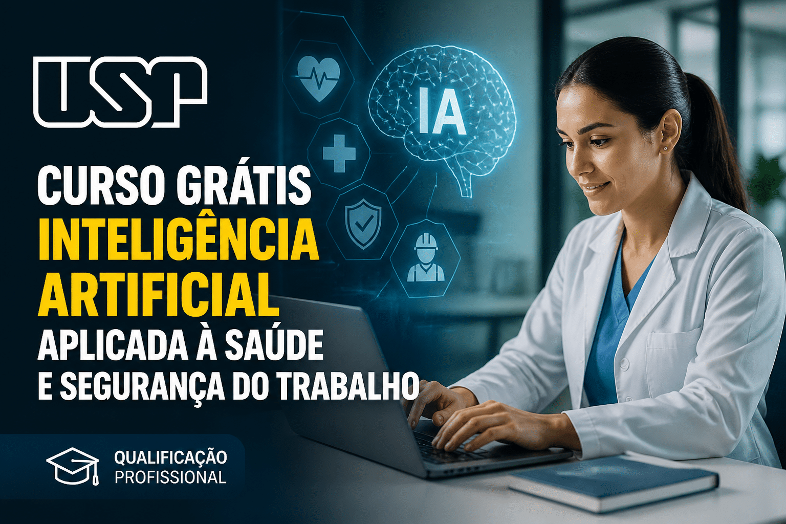 Imagem editorial sobre USP abre 2 mil vagas gratuitas para o curso on-line Inteligência Artificial Aplicada à Saúde e Segurança do Trabalho, com