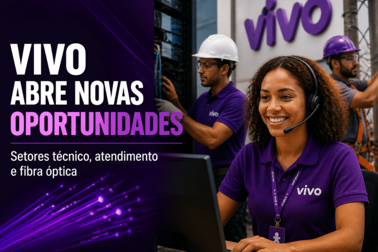 Imagem editorial sobre Vivo abre 295 vagas e bancos de talentos em áreas técnicas, atendimento e fibra óptica em várias cidades do país em Áreas Técnicas