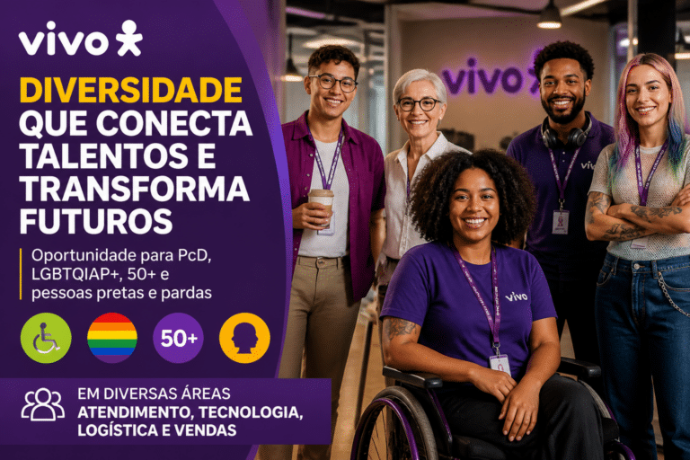 Imagem editorial sobre Vivo Diversidade reúne 122 vagas e bancos de talentos para PcD, LGBTQIAP+, 50+ e pessoas pretas e pardas em áreas como atendimento,
